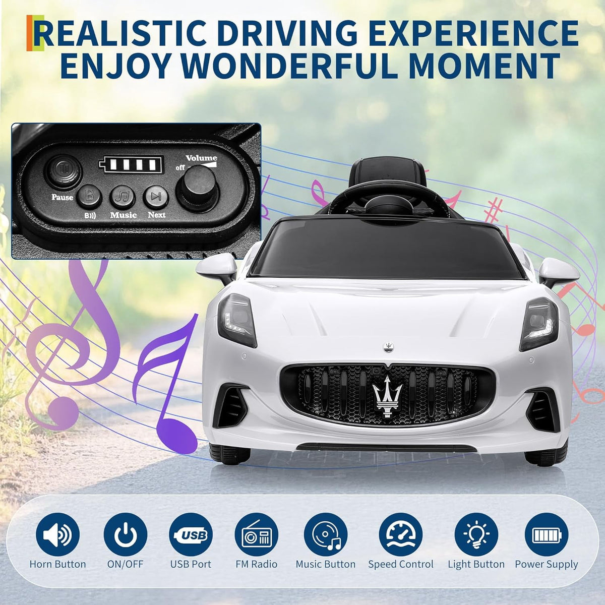 12V Licensed Maserati Ride-On Electric Car, Remote Control, 4.5Ah Battery, LED Lights, Spring Suspension, Double Doors, USB, FM Radio, 2-3 MPH