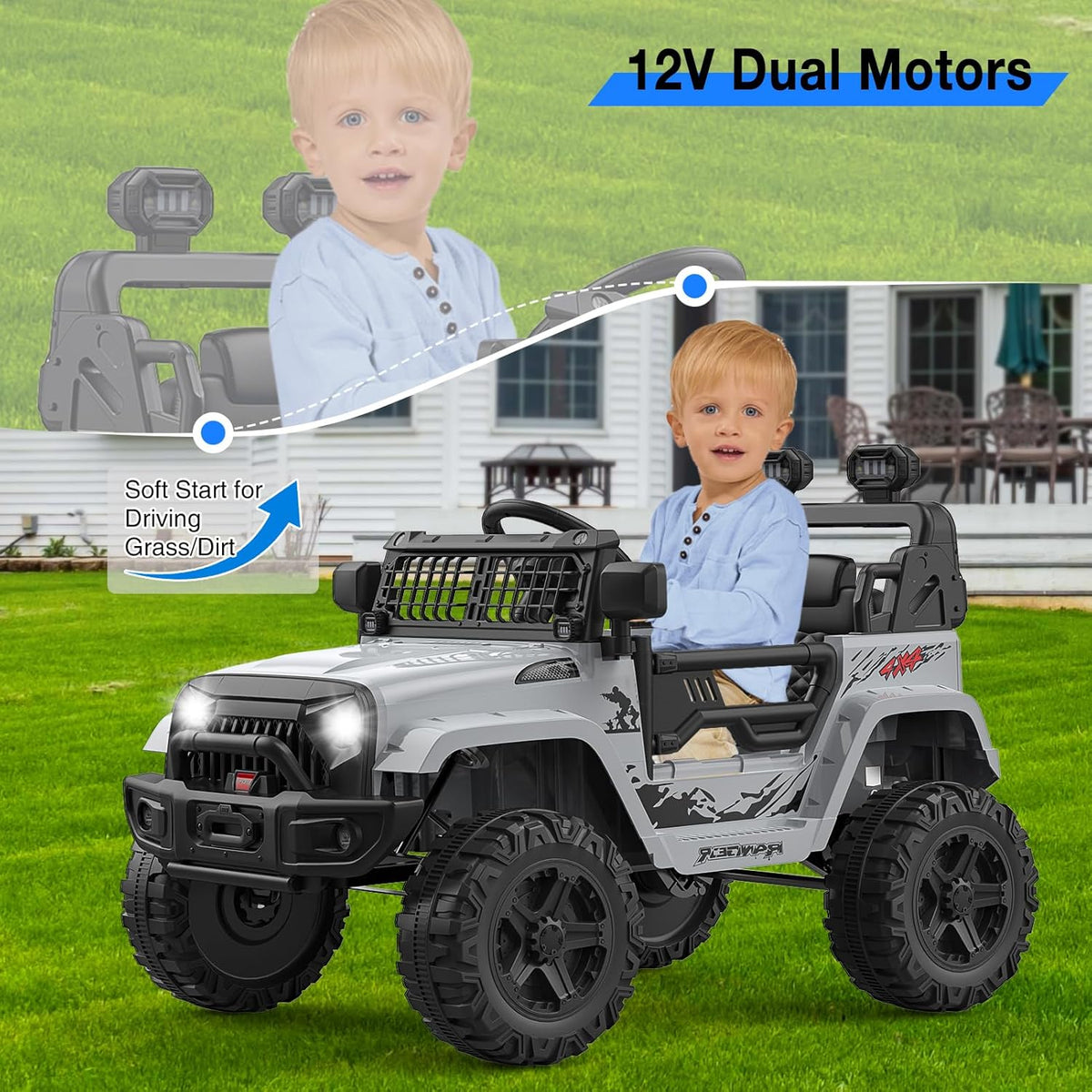 12V Electric Ride On Car with Remote Control, Off Road Ride On Vehicle with Bluetooth, LED Lights, Spring Suspension, Adjustable Seat Belt, All Terrain Tires, 61 lbs Capacity
