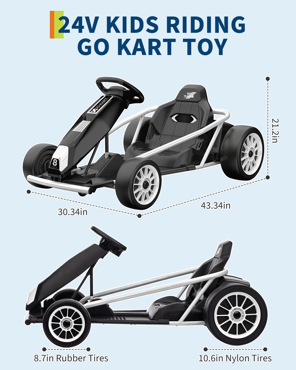 24V Electric Go Kart for Kids 8-12 - Dual 300W Motors, 9Ah Battery, 8MPH High-Speed Drifting, Slow Start, Full Metal Frame, Music, Horn, Power Display, Max Load 155Lbs, Ride-On Toy - Brown