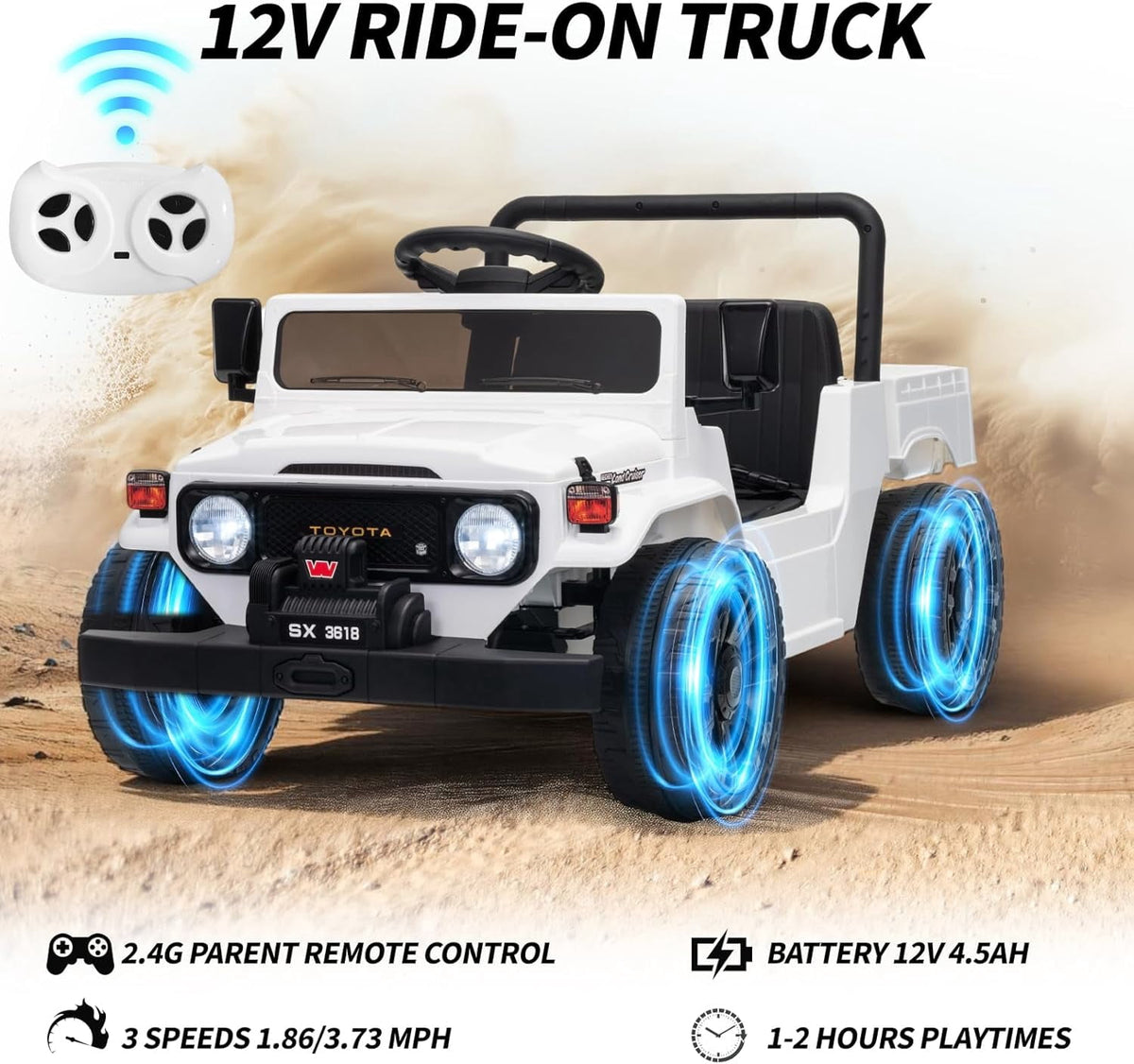 12V Licensed Toyota Ride-On Pickup Truck, Electric Ride-On Car with Remote Control, Lift-Up Dump Bed, Suspension, Bluetooth, Music, 3.73 MPH