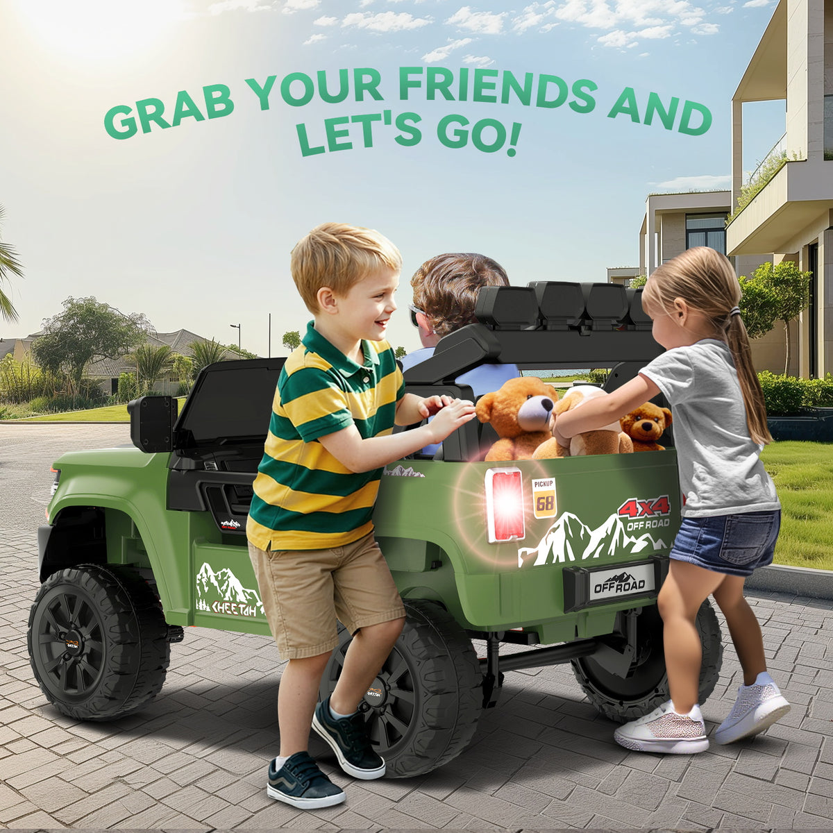 Farmdex 24V Ride on Toys with Remote Control, 2 XL Seater Electric Truck Car for Kids w/ 22'' Large Seat, 4WD/2WD Switchable, Powered Ride on Cars w/ Bluetooth, LED Lights, 3 Speeds, 4 x 200W, Pink