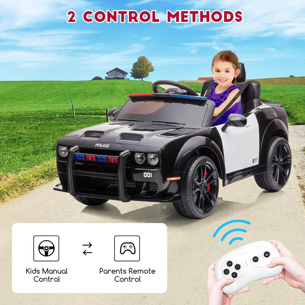 12V Licensed Dodge Challenger Electric Ride On Car, Battery Powered Vehicle with Remote Control, Dual Motors, Spring Suspension, LED Lights, Music, Ride On Toy for Outdoor Play,Police Car
