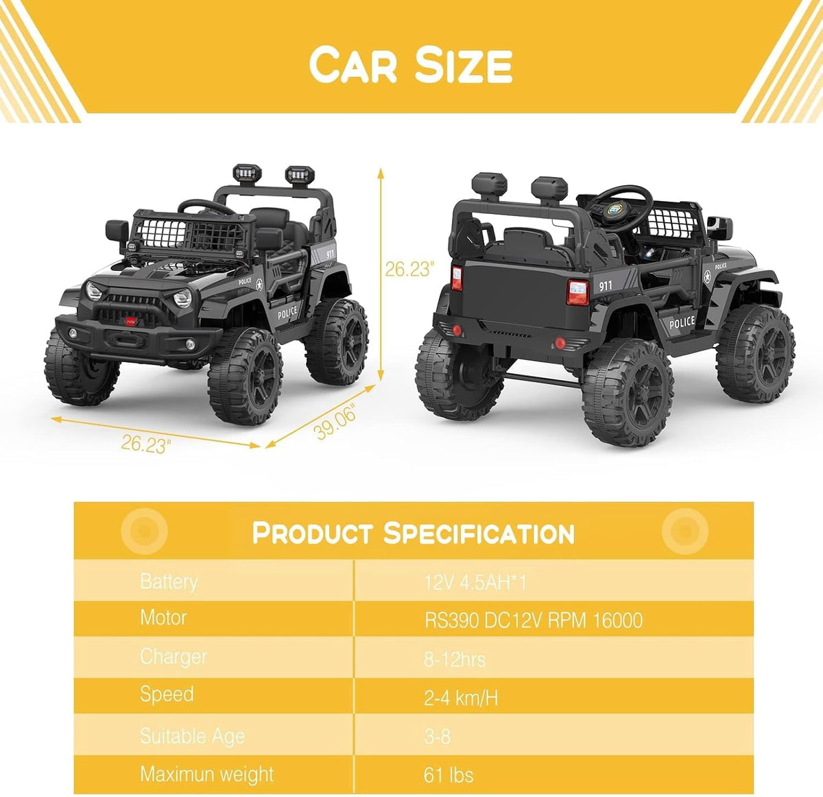 12V Electric Ride‑On SUV, 2.4G Wireless Remote Control, 2‑Speed Settings, Spring Suspension, Multifunctional Dashboard, Lockable Doors, LED Headlights, Adjustable Safety Harness