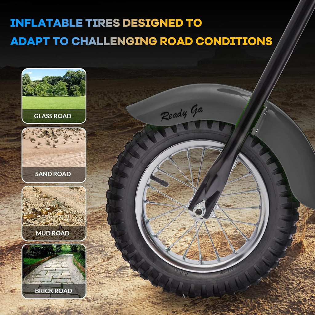 24V Electric Dirt Bike, 300W Chain-Driven Motor, Up to 15 MPH, 2-Speed, 10-Mile Range, 12" Air-Filled Rubber Tires, Leather Seat, Hand Brake, LED Lights, 150 Lbs