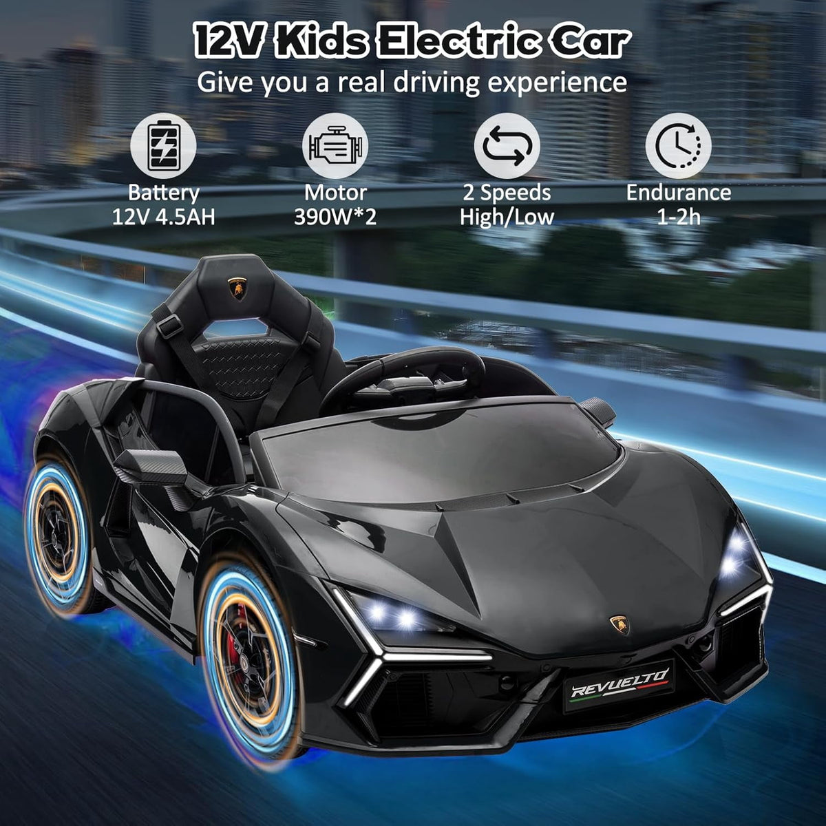 12V Licensed Lamborghini Revuelto Ride-On Electric Sports Car, Dual 25W Motors, Remote Control, Bluetooth, LED Headlights, Music, 1-2 MPH