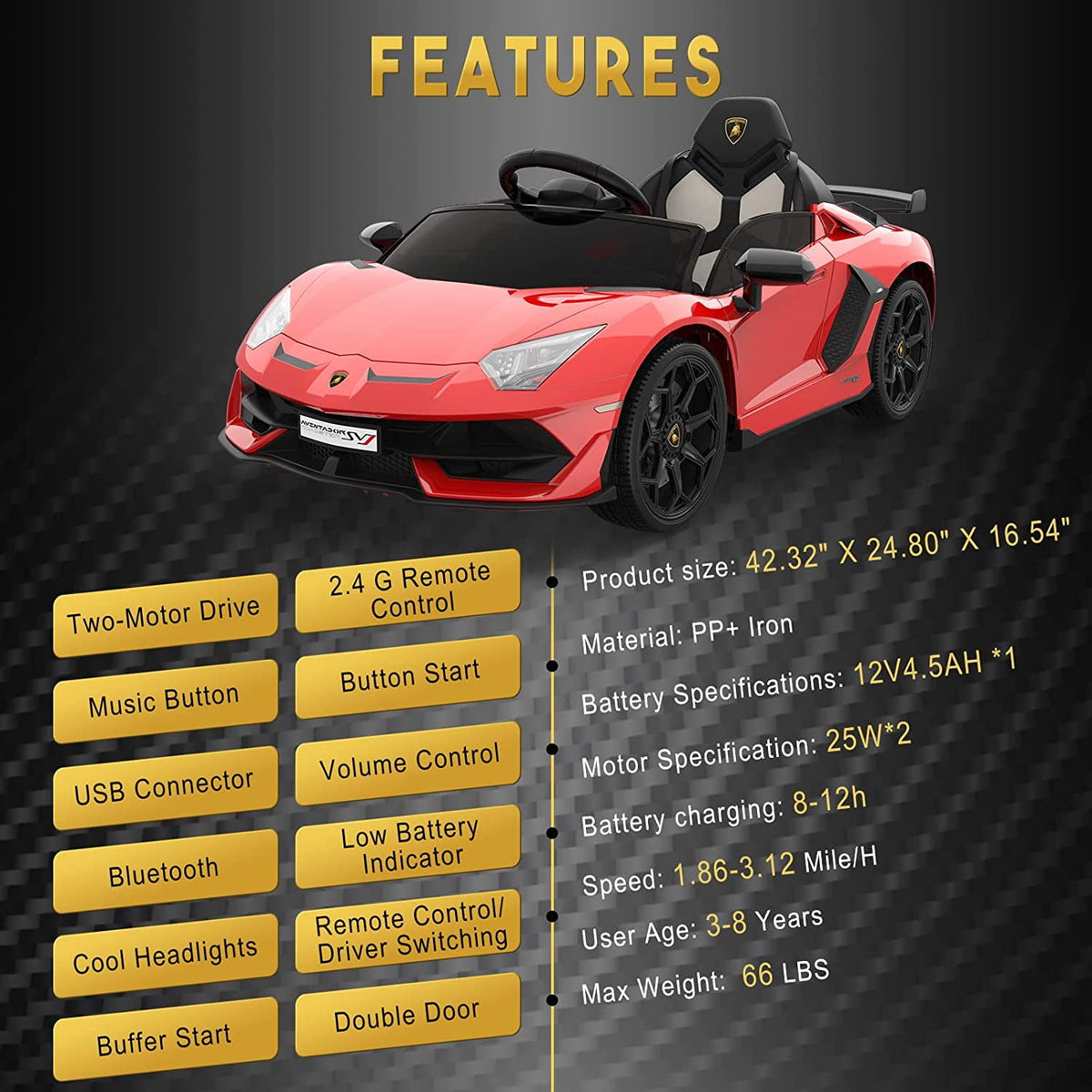 12V Licensed Sports Car Ride On Vehicle with Remote Control, Electric Ride On Car with Bluetooth, Hydraulic Swing Doors, LED Lights, Dual 25W Motors, USB/AUX/TF Audio
