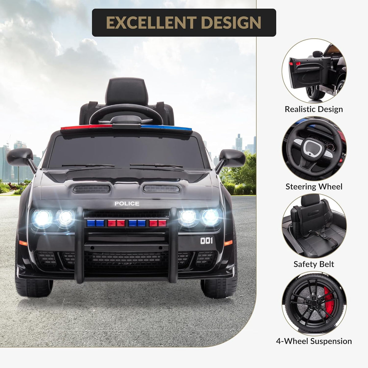 12V Electric Ride-On Car, 2x35W Motors, 7Ah Battery, 3-Speed, Parent Remote Control, Soft Start, Music, FM Radio, Safety Belt, 55 Lbs