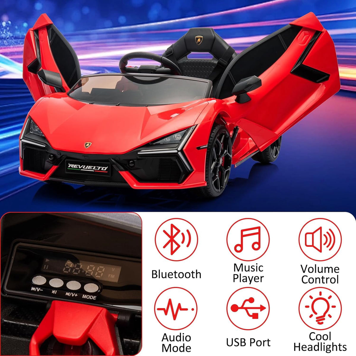 12V Licensed Lamborghini Revuelto Ride-On Electric Sports Car, Dual 25W Motors, Remote Control, Bluetooth, LED Headlights, Music, 1-2 MPH