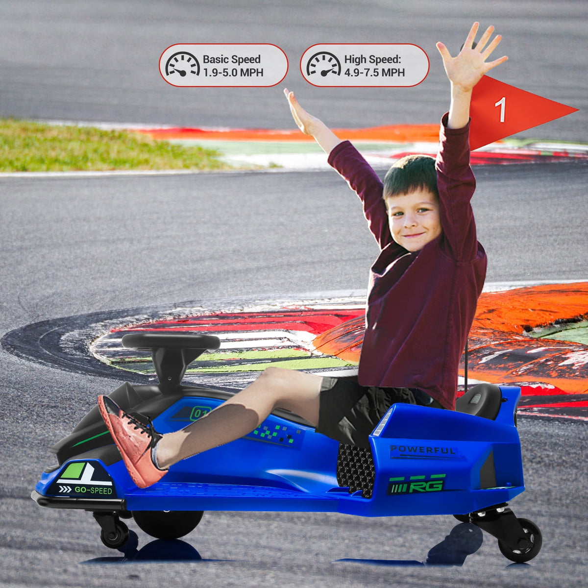 Ride On Drift Kart, Go Kart, Electric Go Kart 24V Drift Kart - 180W Brushless Motor, 7.5 mph Variable Speed, LED Light, Soft Start Battery Powered for Kids 8-12
