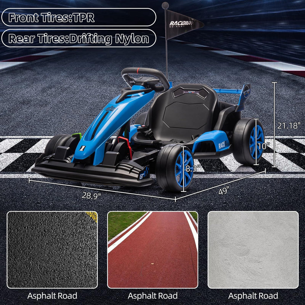 24V Kids Ride-On Go Kart, 7.5MPH High-Speed Drifting Car, Dual 200W Motors, 7Ah Battery, Adjustable Length, Max Load 135lbs, Power Display Racing Toy for Children 6+, Green