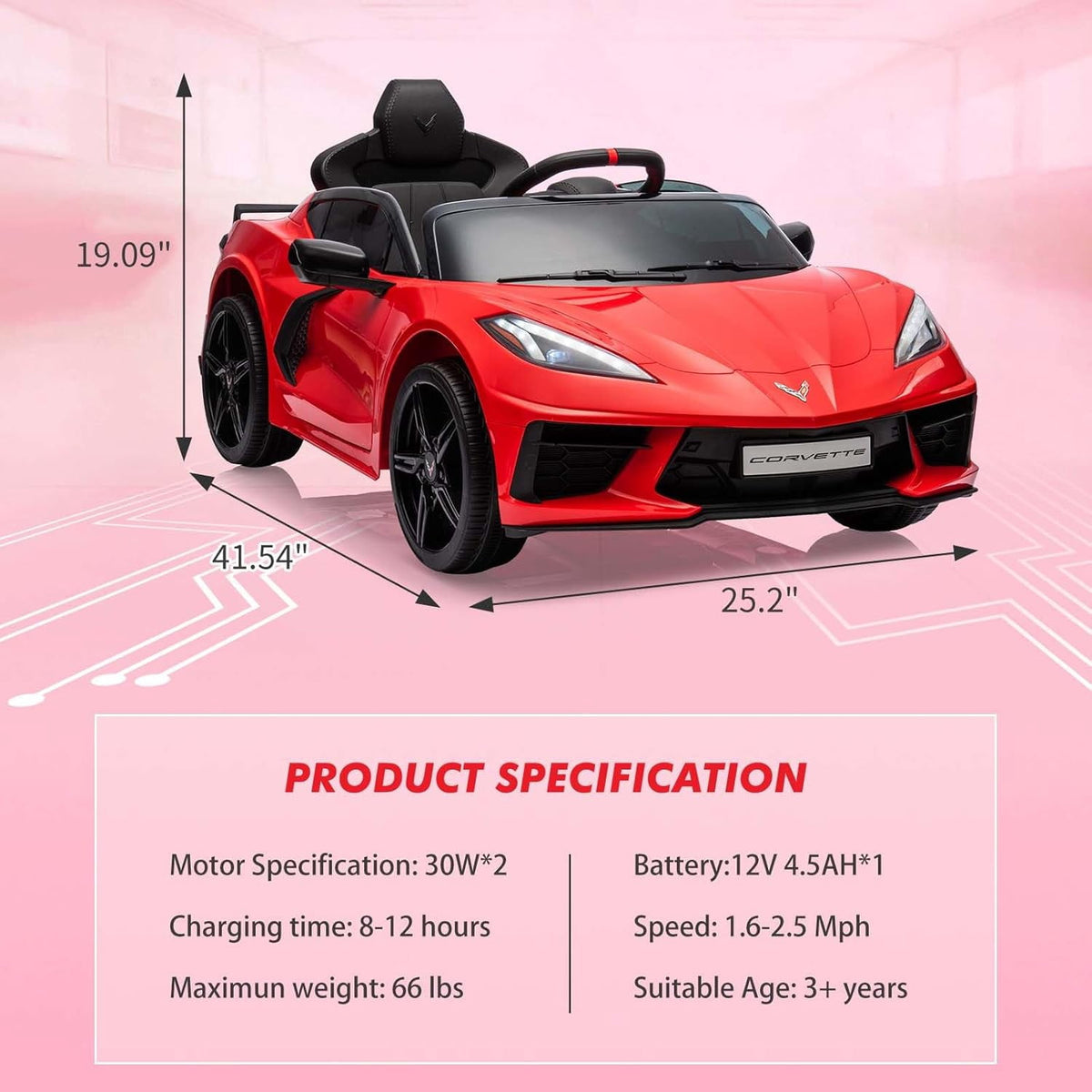 12V Licensed Corvette C8 Ride-On Electric Sports Car, Dual 30W Motors, Remote Control, LED Lights, Music, Openable Doors, 66 lbs