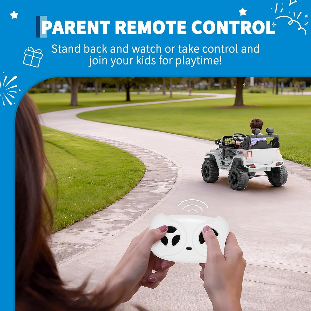 12V Electric Ride On Car with Remote Control, Off Road Ride On Vehicle with Bluetooth, LED Lights, Spring Suspension, Adjustable Seat Belt, All Terrain Tires, 61 lbs Capacity