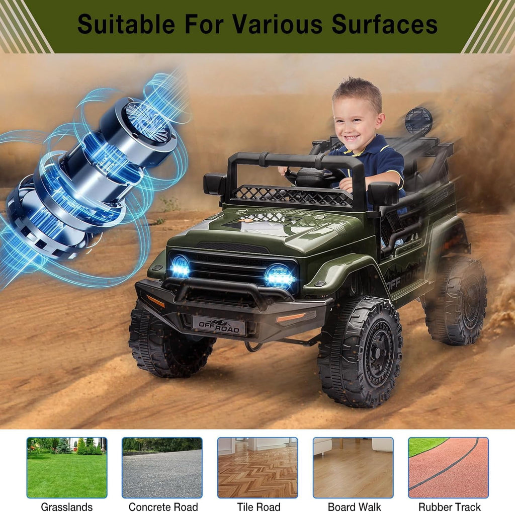 12V Remote Control Ride-On Car, 3 Speeds, Spring Suspension, LED Lights, Bluetooth Music, Parental Brake, for Ages 3-8, 65 lbs Capacity,Armygreen