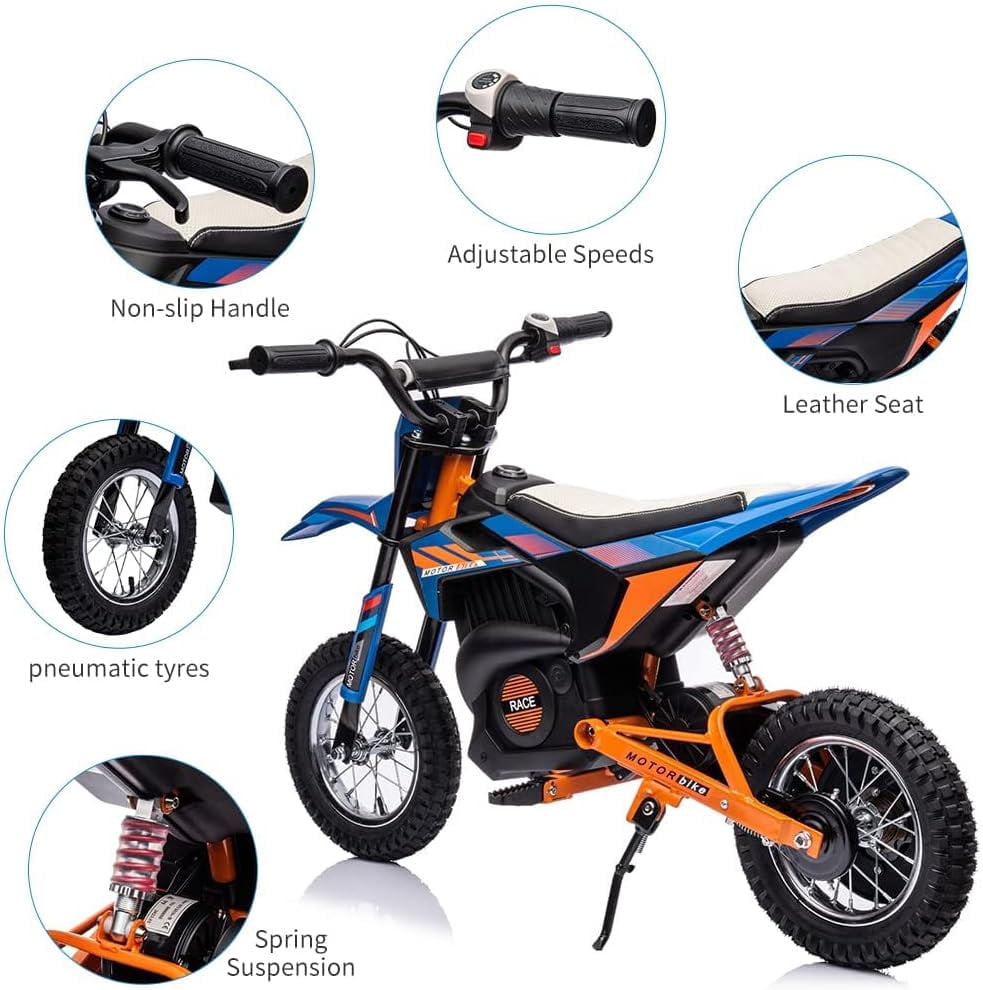 24V Electric Dirt Bike, 250W Brushed Motor, 13.6 MPH Max Speed, Chain Drive System, Disc Brake, Metal Spring Suspension, 12.6 Inch Pneumatic Tires, Leather Seat, 138 LBS Max Load,Blue