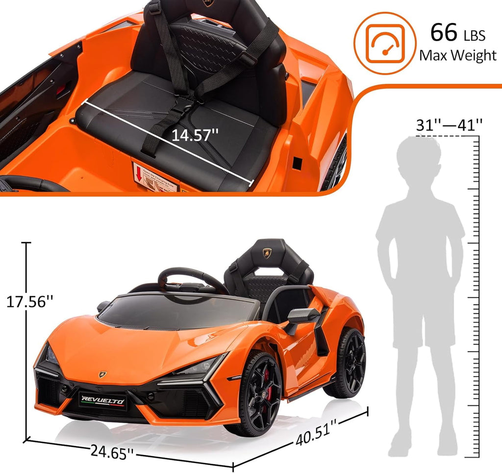 12V Licensed Lamborghini Revuelto Ride-On Electric Sports Car, Dual 25W Motors, Remote Control, Bluetooth, LED Headlights, Music, 1-2 MPH