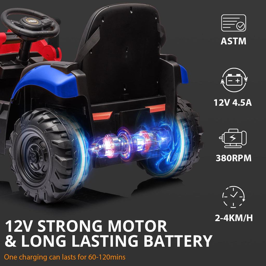 4 in 1 Ride on Excavator & Bulldozer, 12V Kids Electric Vehicle with Remote Control, Front Loader, Digger, Horn, Adjustable Seat, Excavator Ride on Car Toy, White