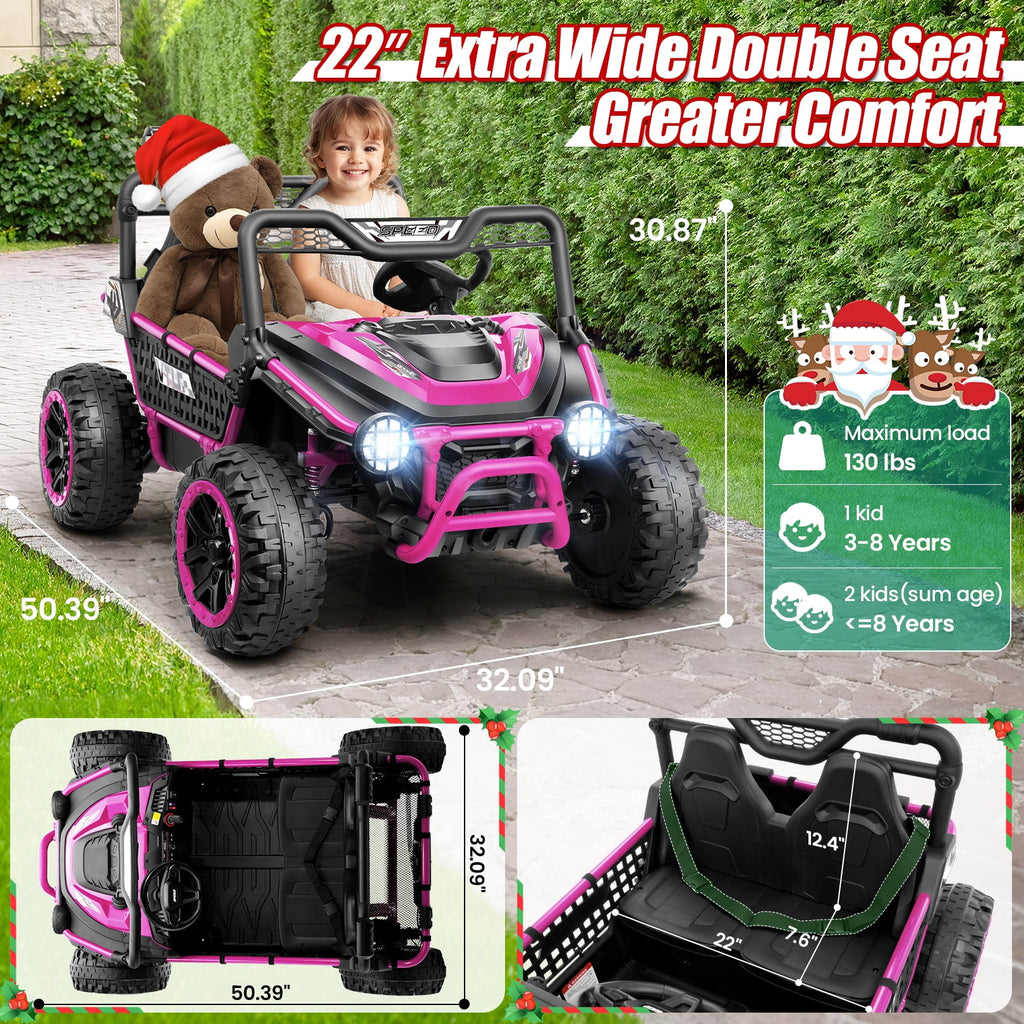 Funcid Metal Frame 24 Volt Ride on Toys, 2-Seater Ride on Cars with Remote Control, Electric Car for Kids, Power UTV Wheels with Key Start, Storage Bag, Bluetooth, Music, Spring Suspension, Pink