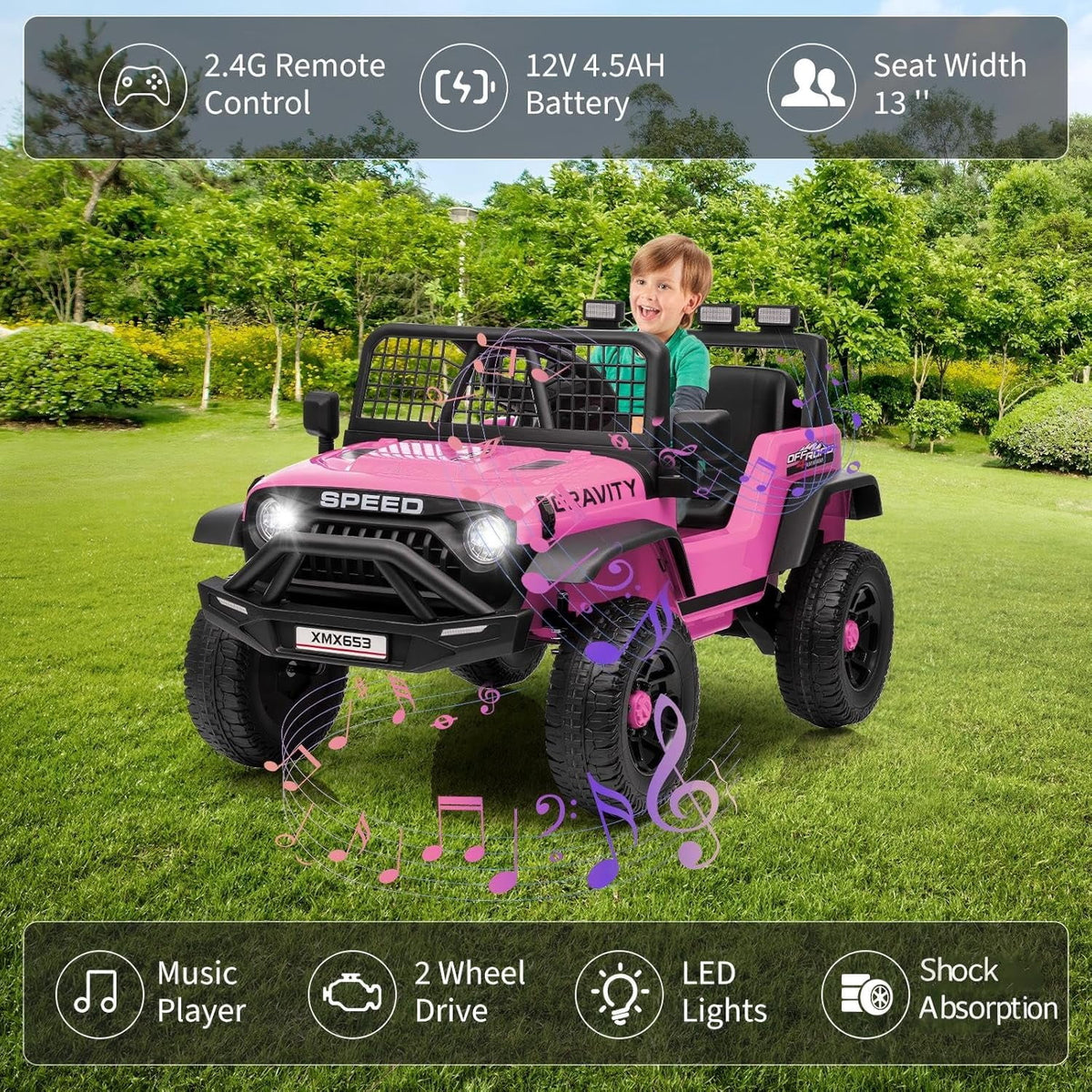 12V Ride-On Electric Car with Remote Control, Extra-Wide 13" Seat, 3 Speeds, 1.6-4.1 MPH, LED Lights, Music, USB, Safety Belt