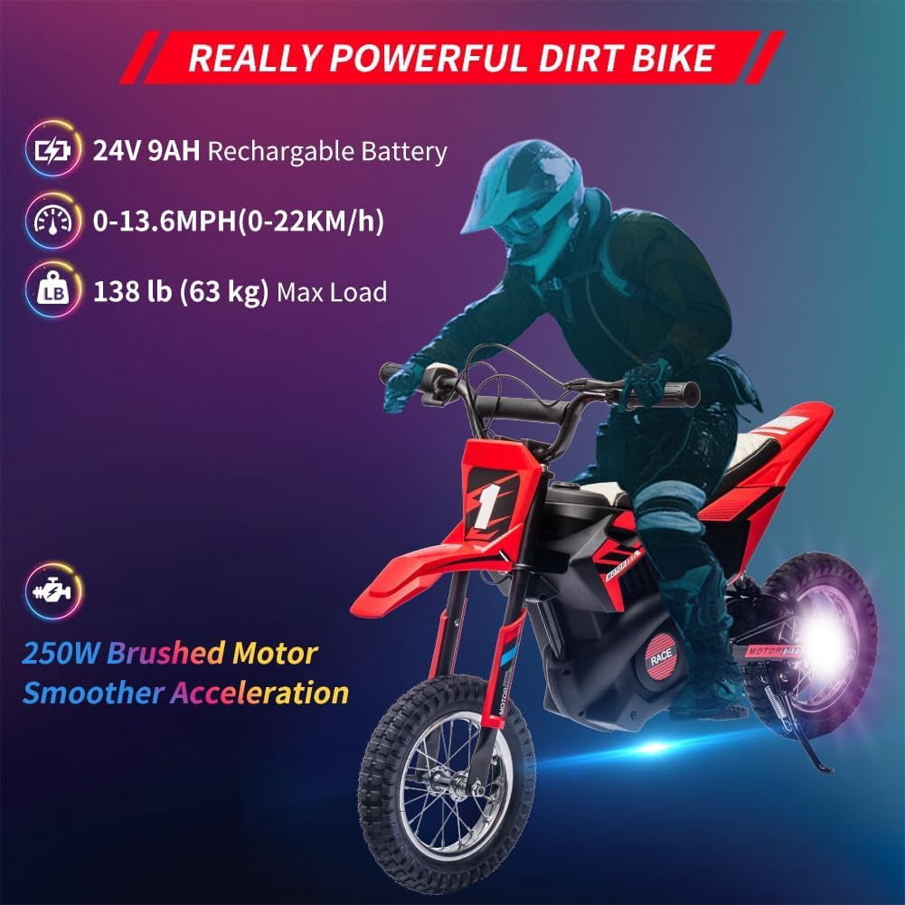 24V Electric Dirt Bike, 250W Brushed Motor, 13.6 MPH Max Speed, Chain Drive System, Disc Brake, Metal Spring Suspension, 12.6 Inch Pneumatic Tires, Leather Seat, 138 LBS Max Load,Blue