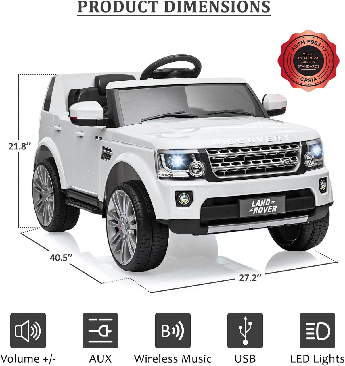 12V Licensed Land Rover Ride-On Car, 2x25W Motors, 4.5Ah Battery, 3 Speeds up to 4.5 MPH, Parent Remote, Spring Suspension, LED Lights
