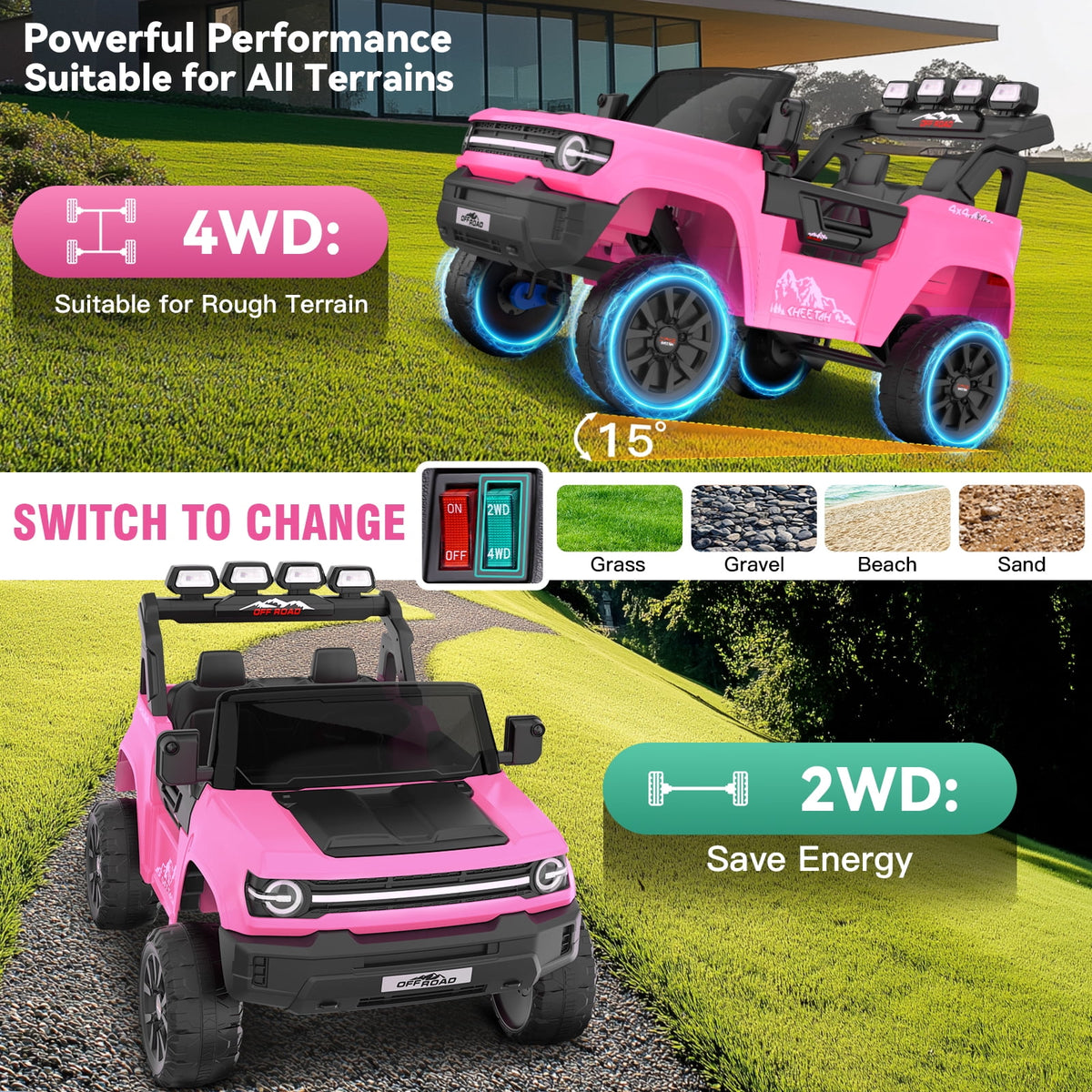 Farmdex 24V Ride on Toys with Remote Control, 2 XL Seater Electric Truck Car for Kids w/ 22'' Large Seat, 4WD/2WD Switchable, Powered Ride on Cars w/ Bluetooth, LED Lights, 3 Speeds, 4 x 200W, Pink