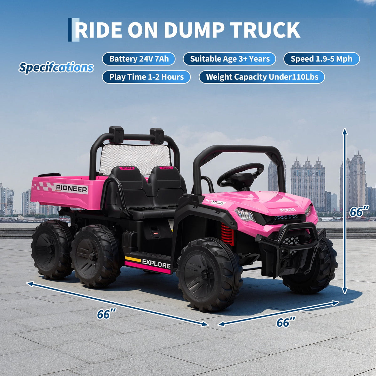24V 4WD 2-Seater Kids Electric Ride-On Dump Truck – Remote Control, Working Dump Bed, 3 Speed Modes, Music Player, All-Terrain Off-Road Vehicle Toy for Boys & Girls Ages 3-8, Green