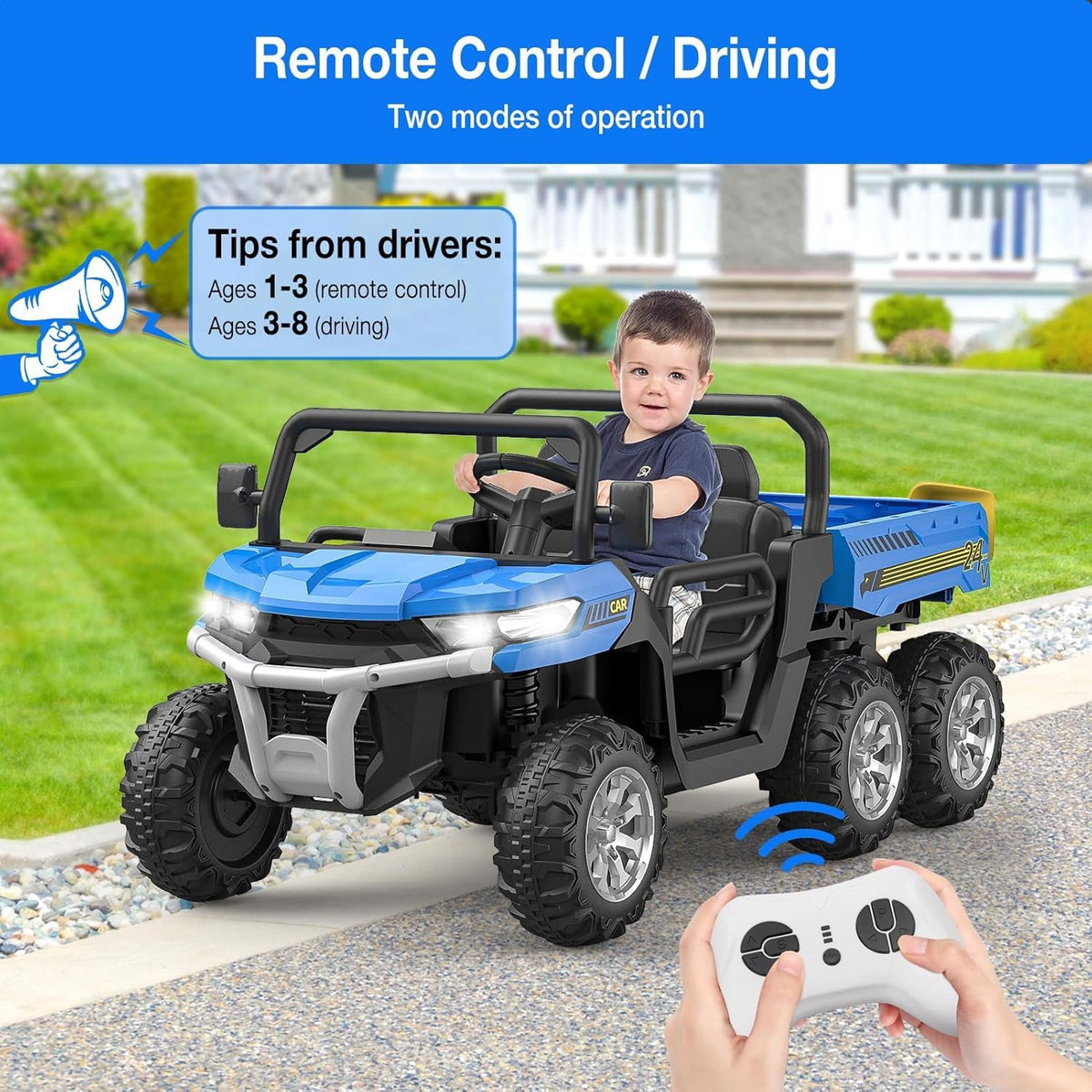 Ride On Dump Truck for Kids Ride On Car with Remote Control Electric UTV Vehicles with Electric Dump Bed, 4WD Power Ride-on 6 Wheels Ride On Toys for Boys Girls