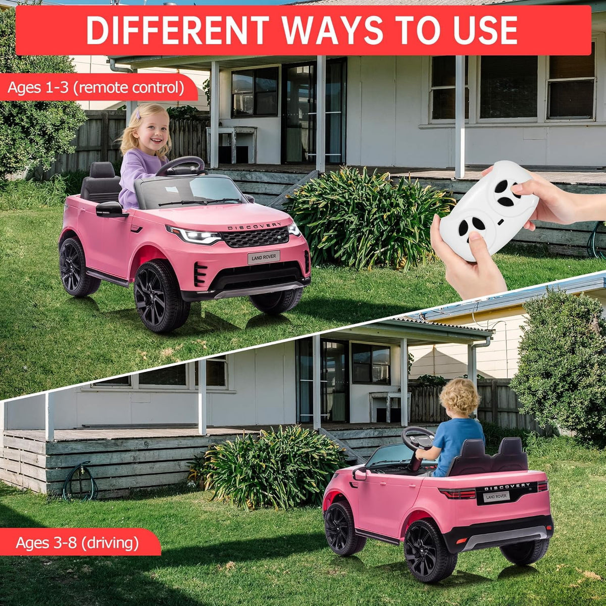 12V Licensed Land Rover 2-Seater Ride On Vehicle with Parent Remote Control, Double Doors, LED Lights, Manual Driving, Rechargeable Battery Powered Electric Ride On Car,Pink