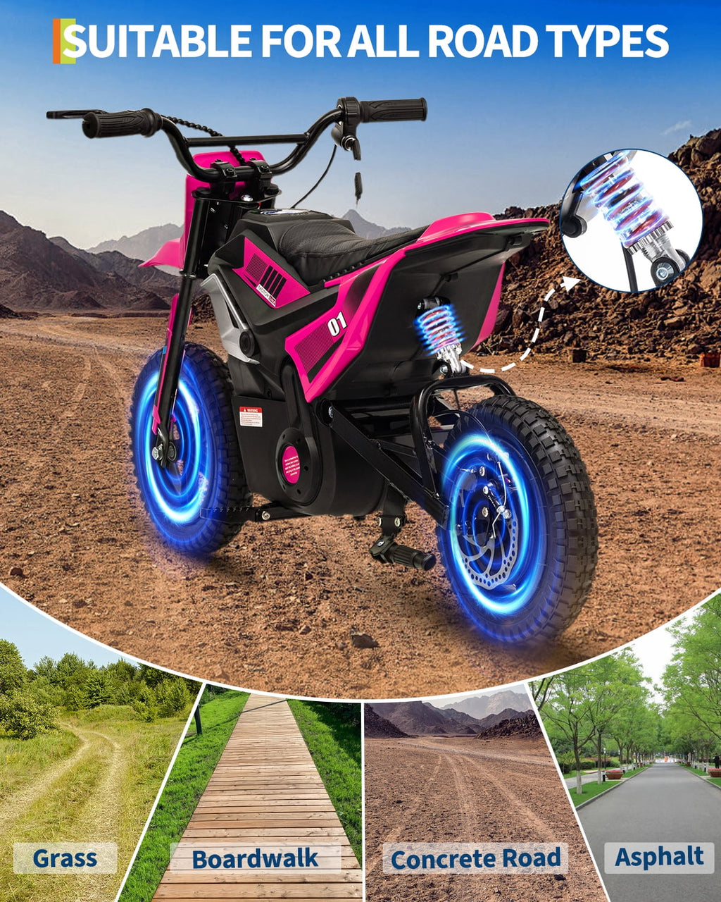 24V Kids Electric Dirt Bike, 350W Battery Powered Motorcycle with 12 Inch Fat Tires Rear Suspension Twist Throttle for Teens