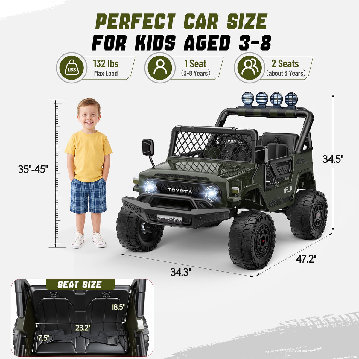 Officially Licensed Toyota FJ Ride On Toys 24V 800W, 4WD Kids Power Car Wheels for Boys Girls, 2 Seater Electric Car with Remote Control, 4 Motors, Music, LED Lights, Green