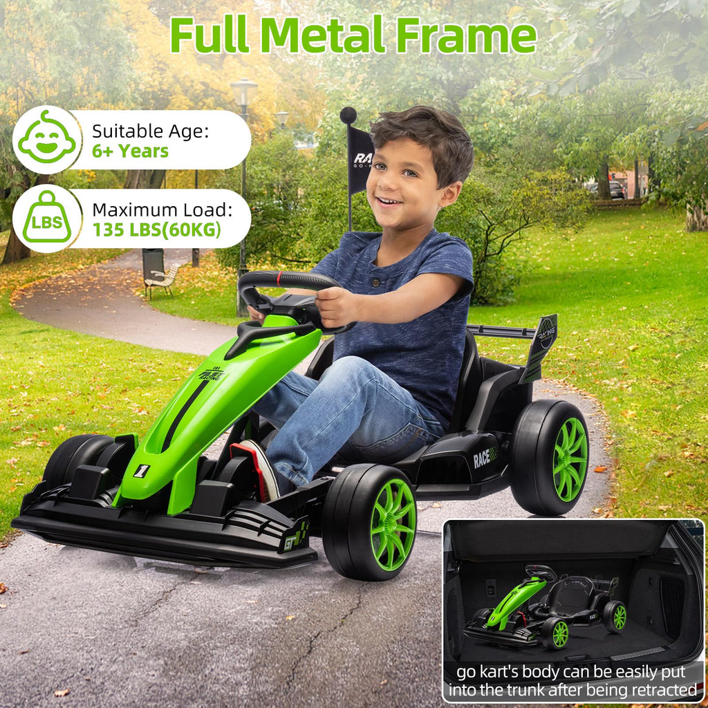 24V Kids Ride-On Go Kart, 7.5MPH High-Speed Drifting Car, Dual 200W Motors, 7Ah Battery, Adjustable Length, Max Load 135lbs, Power Display Racing Toy for Children 6+, Green
