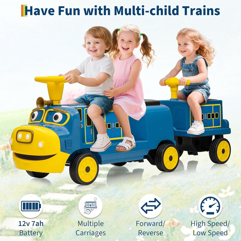 2 Seater Trackless Ride On Train, 12V Electric Ride On Car with Adjustable Seat, Carriage Included, Music, LED Lights, Storage Space, 2 Speed Modes