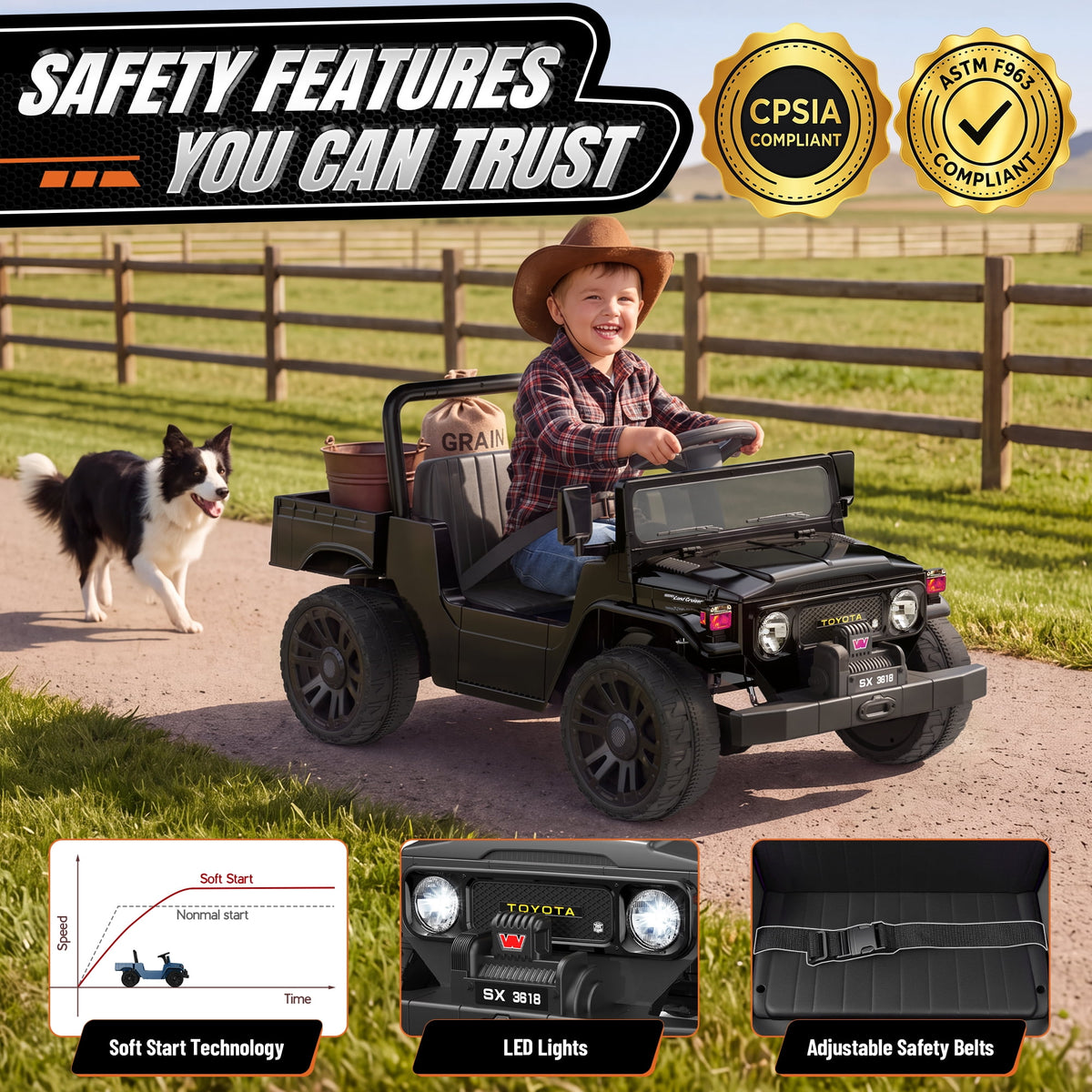 24V Ride On Dump Truck for Kids, Licensed Toyota Land Cruiser FJ45 Power Car Wheels Ride On Toy with Electric Dump Bed, Parent Remote Control, Music, LED Lights, Birthday Gift for Kids Ages 3-6, Blue