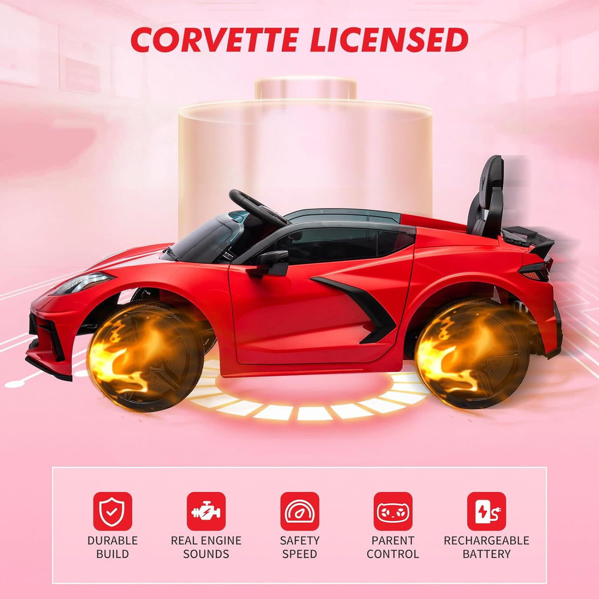 12V Licensed Corvette C8 Ride-On Electric Sports Car, Dual 30W Motors, Remote Control, LED Lights, Music, Openable Doors, 66 lbs