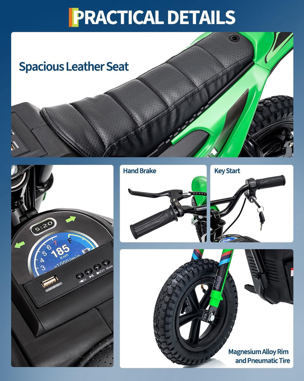 Fectiontool 24V Electric Ride-On Motorcycle, 350W Motor, 24V 7Ah Rechargeable Battery, Battery Powered Ride-On Bike, Energy-Efficient Charger Included,Green