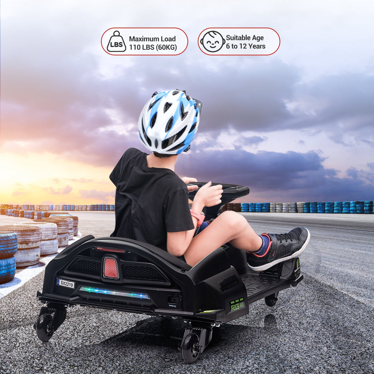 Ride On Drift Kart, Go Kart, Electric Go Kart 24V Drift Kart - 180W Brushless Motor, 7.5 mph Variable Speed, LED Light, Soft Start Battery Powered for Kids 8-12