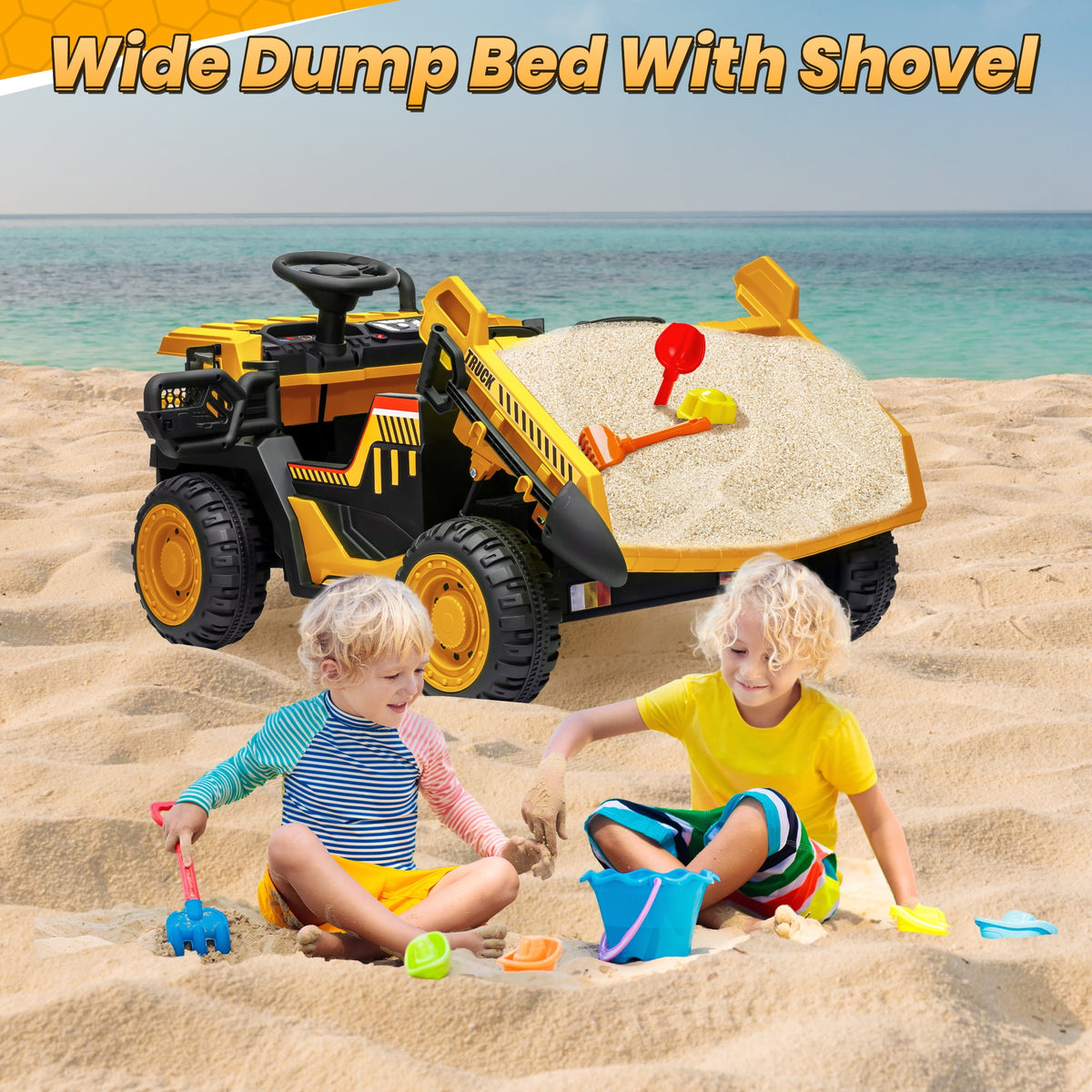 24 Volt Ride on Toys w/ Remote Control, 2*200W Strong Motor, Electric Powered Ride on Dump Truck with Shovel, 3 Speeds, LED Lights, MP3/USB Music, Blue