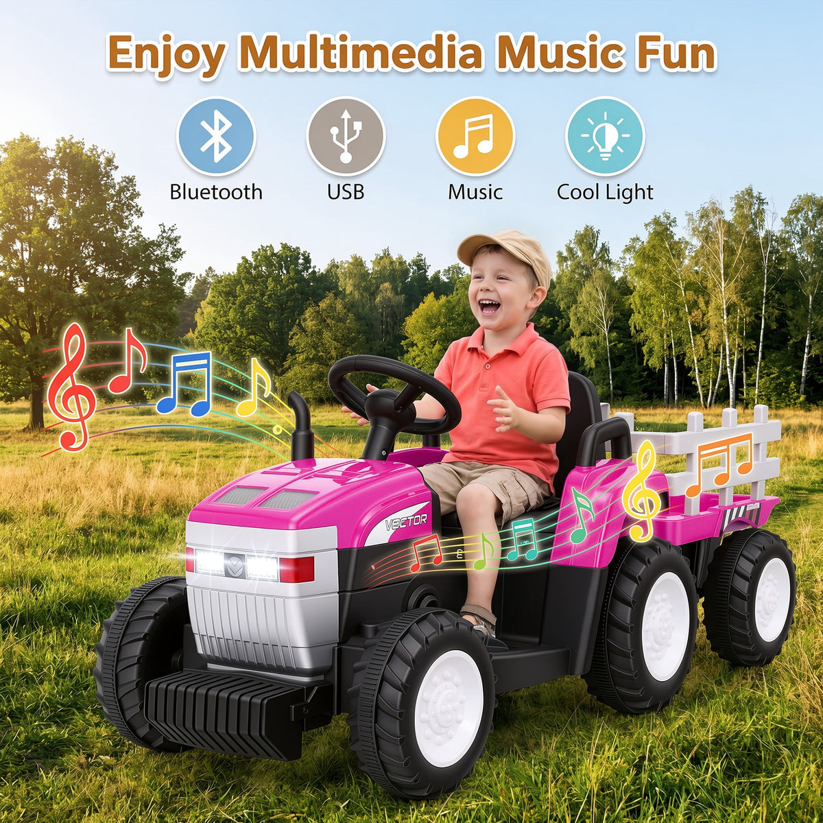 Farmdex 24V Ride on Tractor with Detachable Trailer, Ride on Toys for Kids w/ Remote Control, Electric Cars for Kids, LED Lights, Bluetooth, Music, MP3, Green