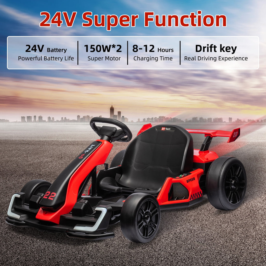 24V Kids Electric Go Kart, 300W Drift Ride-On Car with Dual 150W Motors - Adjustable Seat, 4 Speed Modes, 8.5mph Max, LED Lights, Music & Horn, Safety Belt, Outdoor Racing Toy - Red