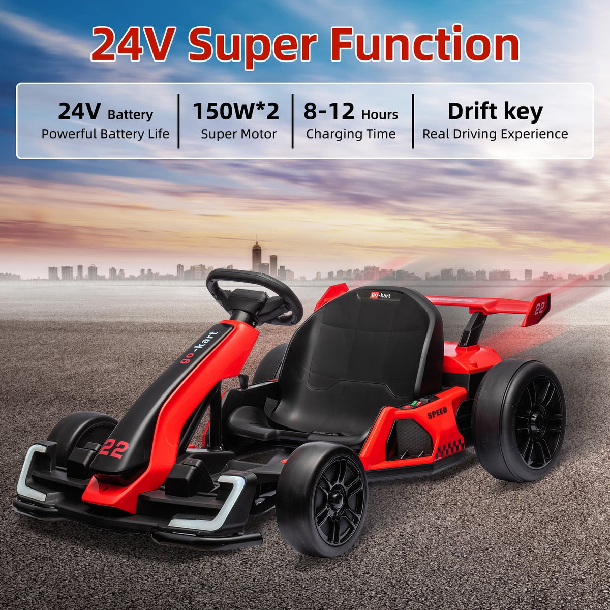 24V Kids Electric Go Kart, 300W Drift Ride-On Car with Dual 150W Motors - Adjustable Seat, 4 Speed Modes, 8.5mph Max, LED Lights, Music & Horn, Safety Belt, Outdoor Racing Toy - Red
