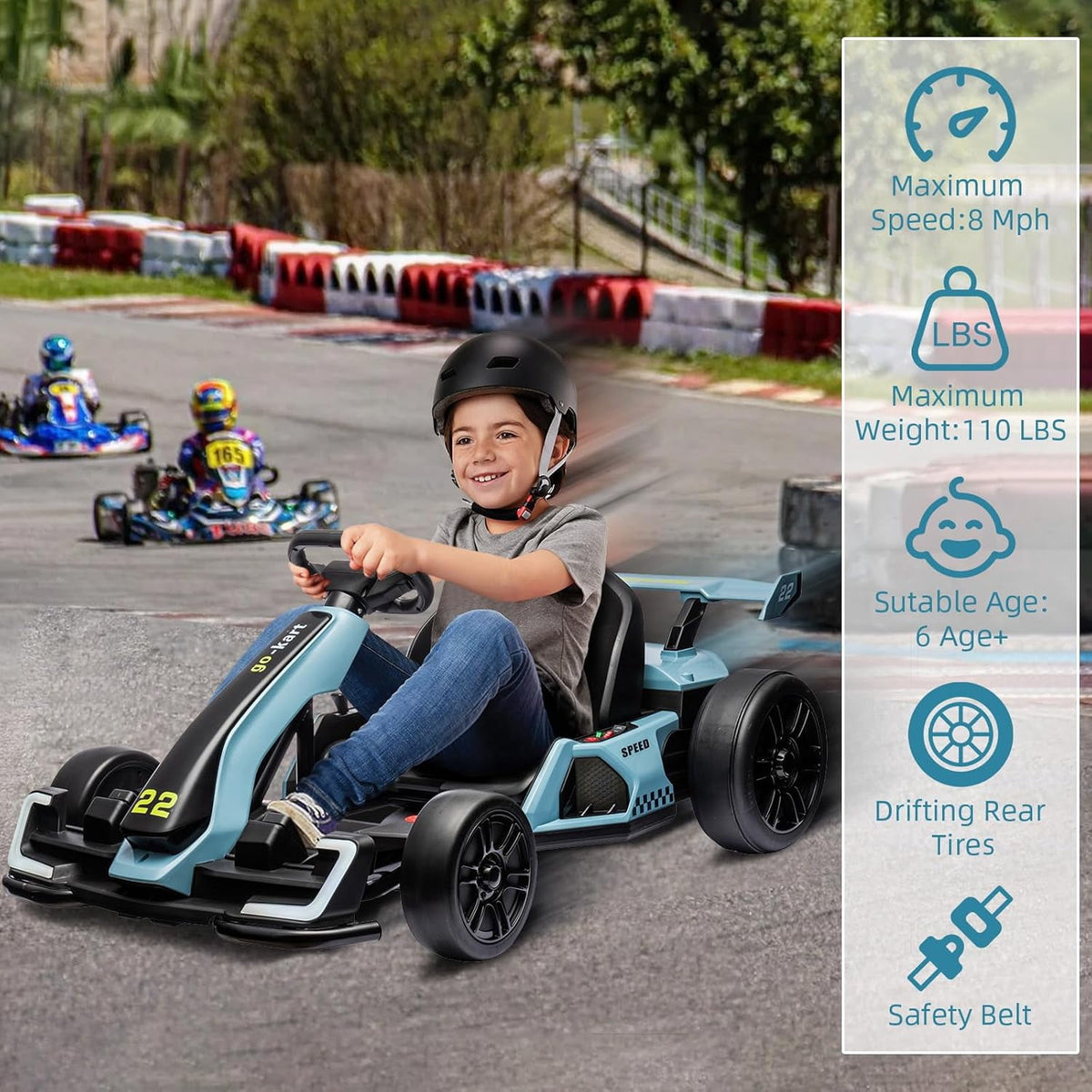 24V Electric Drift Go Kart, Dual 300W Motor Racing Car with Drift & Sport Modes, Adjustable Length, LED Lights, EVA Tires, Up to 8.5MPH, Outdoor Ride On Racing Kart,Blue