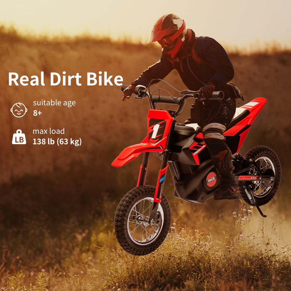 High-Speed 24V 250W Electric Off-Road Motorcycle – 13.6MPH Dirt Bike for Kids & Teens, Leather Seat, Disc Brake, Chain Drive, Air Tires, Twist Throttle, Ages 8-13, Red