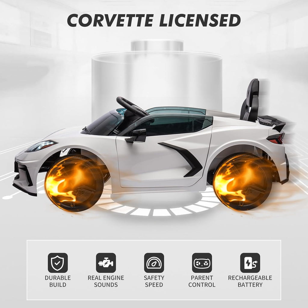12V Licensed Corvette C8 Ride-On Electric Sports Car, Dual 30W Motors, Remote Control, LED Lights, Music, Openable Doors, 66 lbs