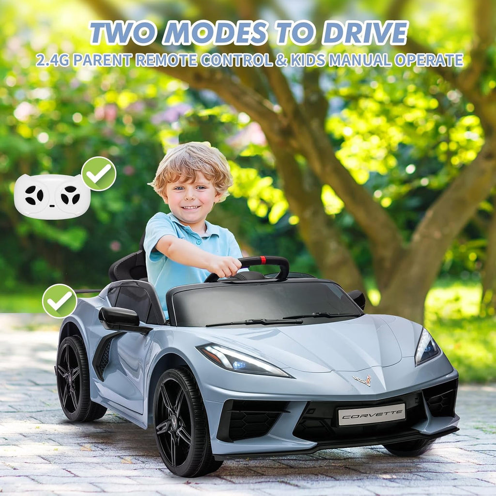 12V Licensed Corvette C8 Ride-On Electric Sports Car, Dual 30W Motors, Remote Control, LED Lights, Music, Openable Doors, 66 lbs