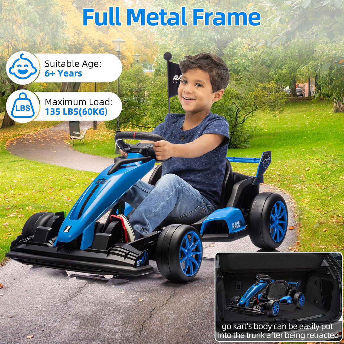 24V Kids Ride-On Go Kart, 7.5MPH High-Speed Drifting Car, Dual 200W Motors, 7Ah Battery, Adjustable Length, Max Load 135lbs, Power Display Racing Toy for Children 6+, Green