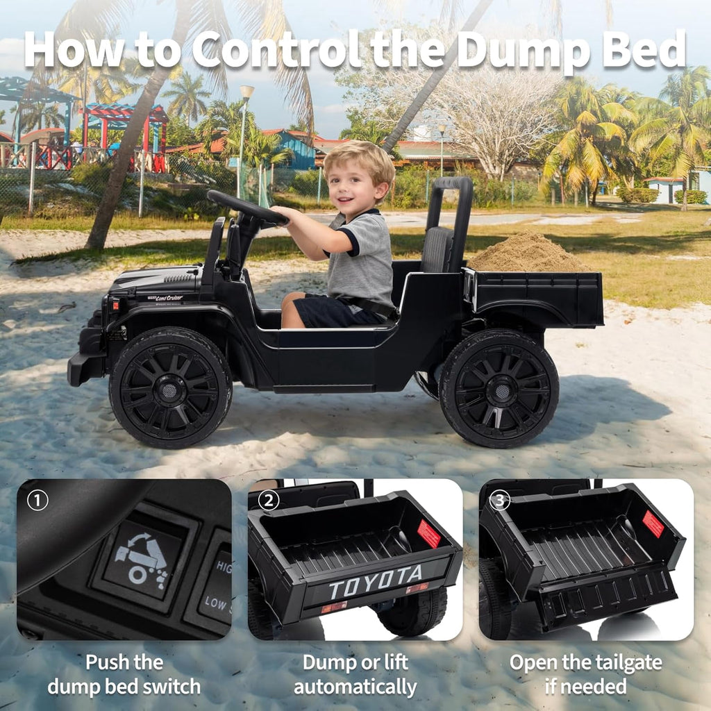 12V Licensed Toyota Ride-On Pickup Truck, Electric Ride-On Car with Remote Control, Lift-Up Dump Bed, Suspension, Bluetooth, Music, 3.73 MPH