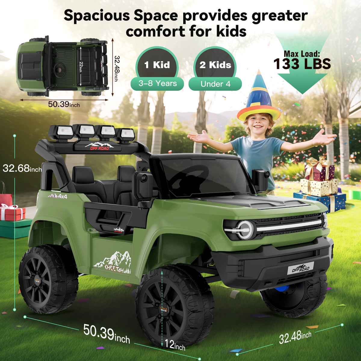 Farmdex 24V Ride on Toys with Remote Control, 2 XL Seater Electric Truck Car for Kids w/ 22'' Large Seat, 4WD/2WD Switchable, Powered Ride on Cars w/ Bluetooth, LED Lights, 3 Speeds, 4 x 200W, Pink