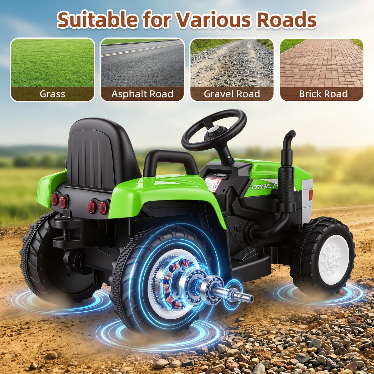 Farmdex 24V Ride on Tractor with Detachable Trailer, Ride on Toys for Kids w/ Remote Control, Electric Cars for Kids, LED Lights, Bluetooth, Music, MP3, Green