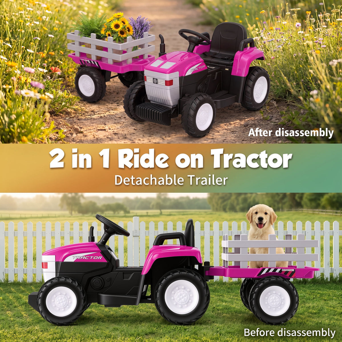 Farmdex 24V Ride on Tractor with Detachable Trailer, Ride on Toys for Kids w/ Remote Control, Electric Cars for Kids, LED Lights, Bluetooth, Music, MP3, Green