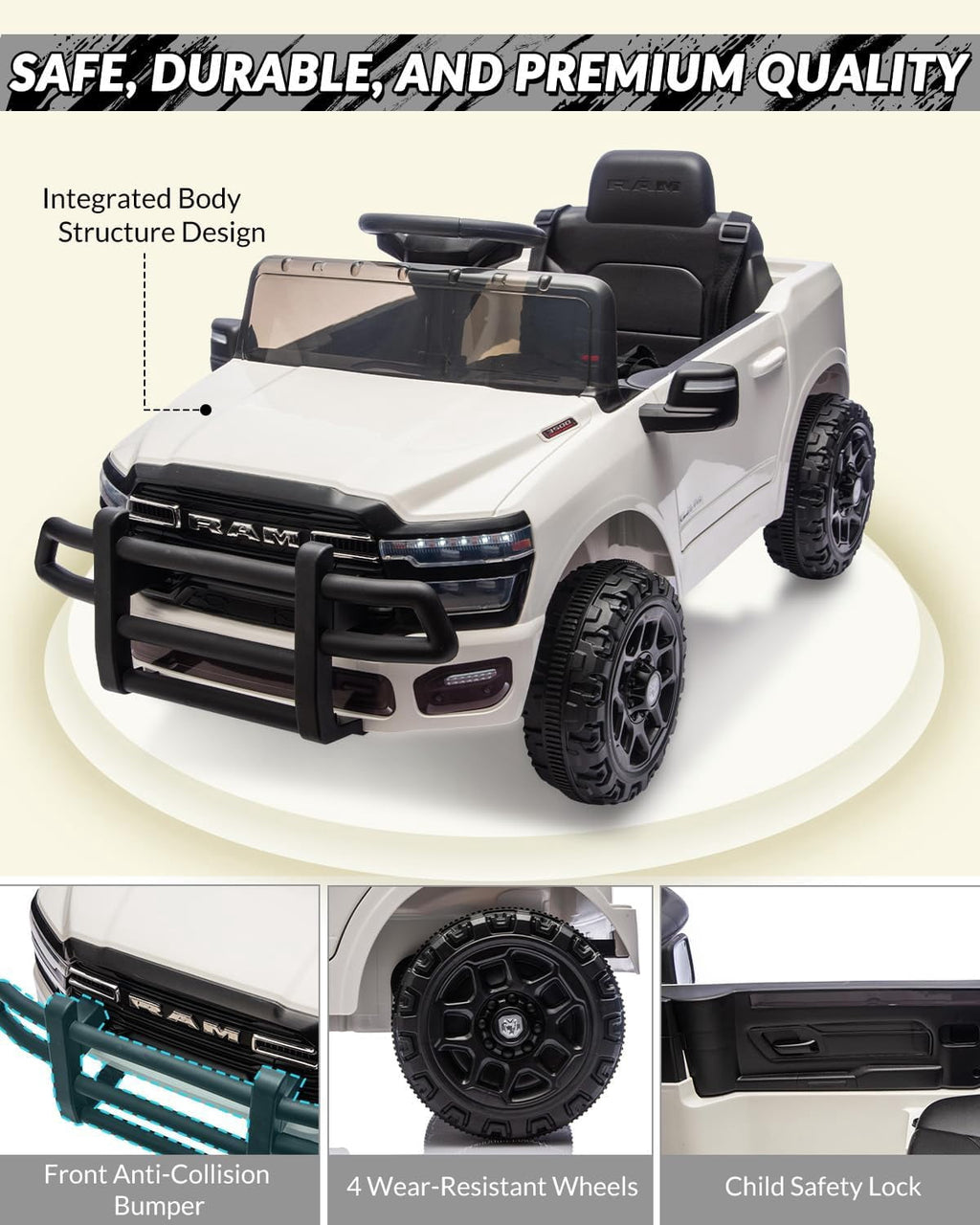 12V Licensed RAM Ride-On Pickup Truck, Electric Ride-On Car with Remote Control, 4-Wheel Suspension, Double Doors, LED Lights, Music, USB & AUX